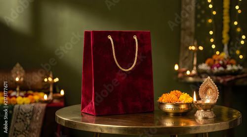 Festive gift bag surrounded by warm lights and traditional decorations