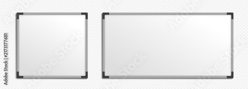 Two realistic whiteboards in different sizes with silver frames on a transparent background