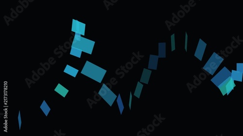 Dynamic abstract animation of blue and teal geometric rectangles moving and rotating on a dark background creating a modern digital data flow concept