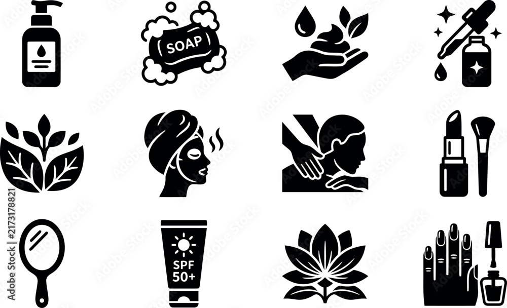Fototapeta premium Set of black and white beauty and skincare icons for cosmetic products and personal care routines