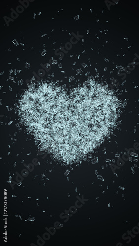 Broken Glass Heart Explosion on Dark Background, Shattered Crystal Heart Particles Valentine's Love and Breakup Music Videos Overlay Vertical Social Media design Element