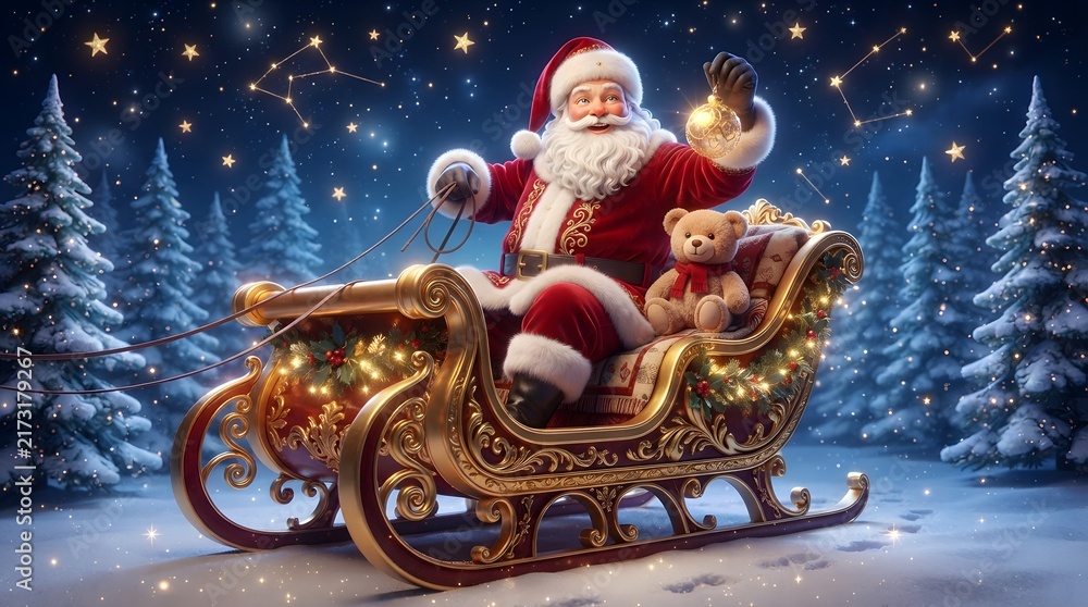 Fototapeta premium Santa Claus riding a sleigh with a teddy bear under a starry winter night sky