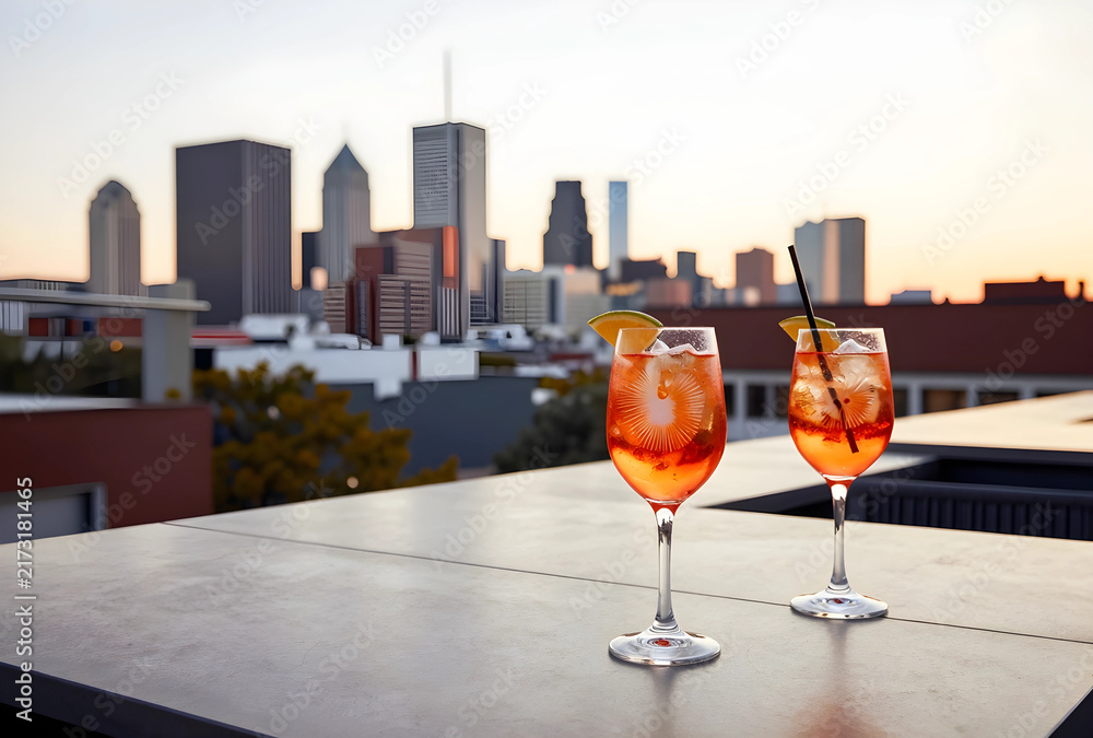 Obraz premium Urban lifestyle and happy hour, two spritz cocktails on a rooftop terrace overlooking a city skyline at sunset for travel and leisure marketing