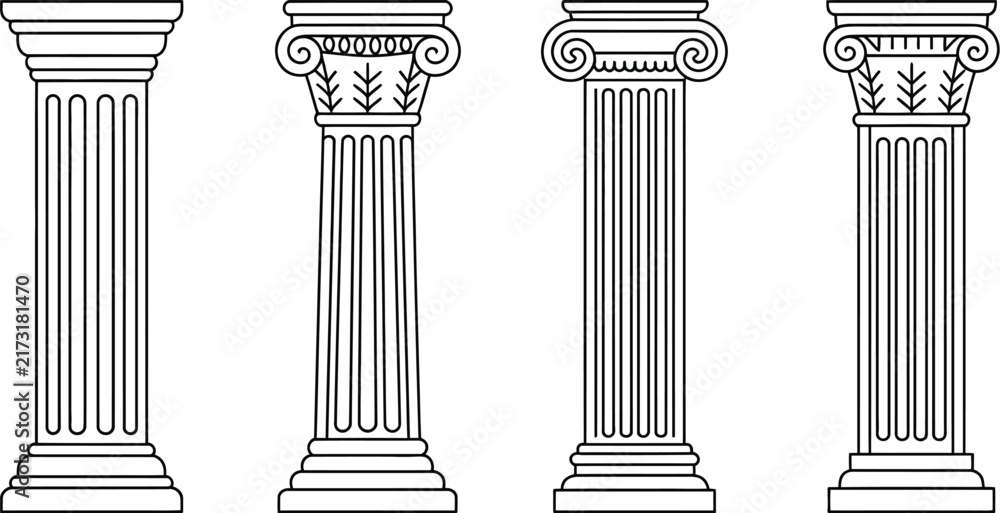 Obraz premium Ancient Greek column icon collection featuring classical Roman architectural pillars isolated on white background for historic design