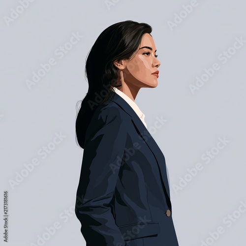 Vector illustration of a confident businesswoman wearing a dark suit looking sideways