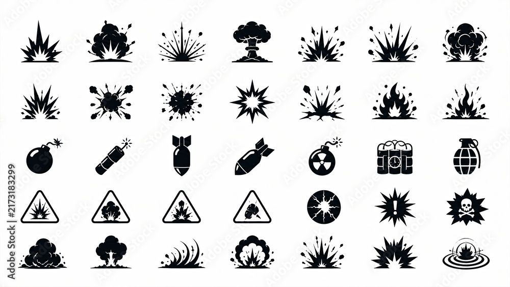 Obraz premium Explosion and Hazard Silhouette Icon Set with Blast, Bomb, Grenade and Warning Symbols