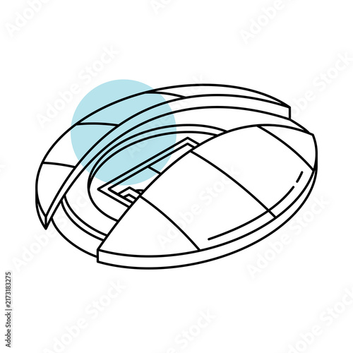 Isometric twisted spiral knot stadium sports arena icon in 3D line art outline style, showing a modern sports venue architecture design with seating tiers around a central field, ideal for football.