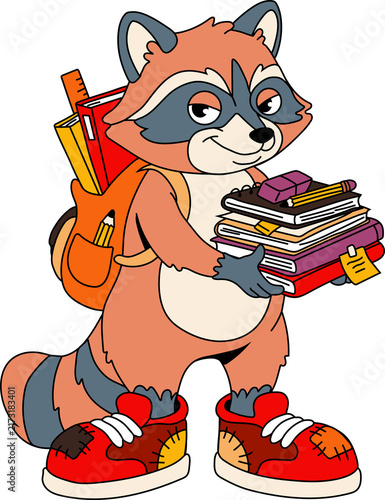 Cute Raccoon Student Cartoon Character with Books