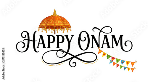 Happy onam text greeting with decorative orange umbrella and colorful festive bunting flags for kerala harvest festival celebration design isolated on transparent background