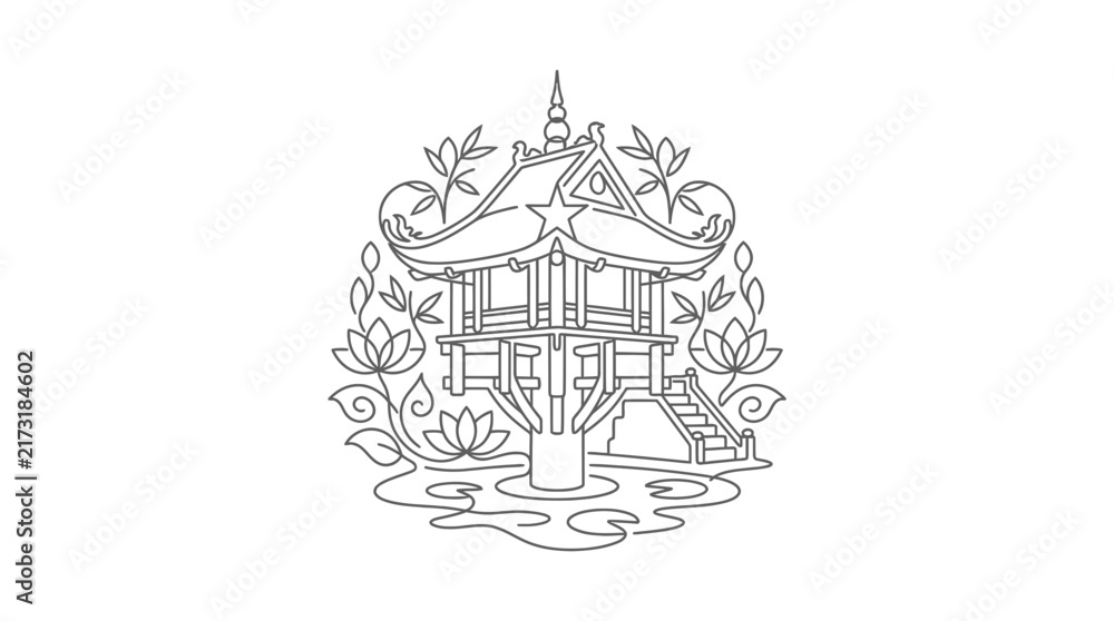 Fototapeta premium Minimalist Line Art Illustration of a Traditional Vietnamese Style Pagoda on a Pond with Lotus Flowers