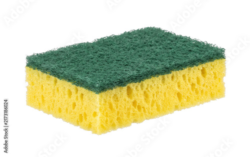 Bild auf Leinwand Duo-sided kitchen sponge with green scrubbing pad and yellow absorbent foam