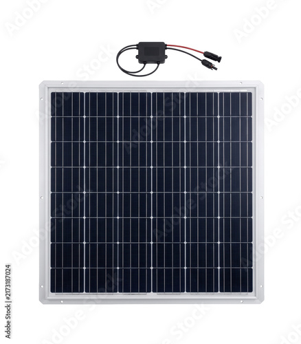 Foto Compact solar panel with junction box and cables isolated on transparent backgro