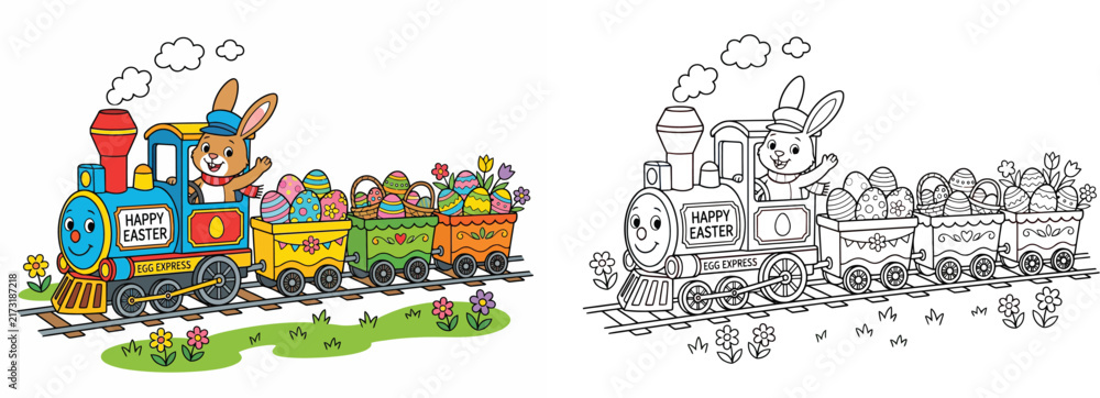 Fototapeta premium Cute Easter Bunny Driving Egg Express Train with Easter Eggs Coloring Page for Kids, Holiday Cartoon Illustration and Line Art Version