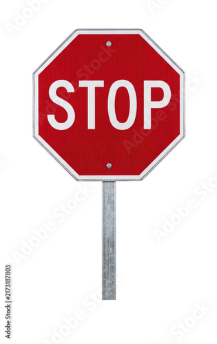 Cuadro en lienzo Red octagonal stop sign with white lettering isolated on transparent background