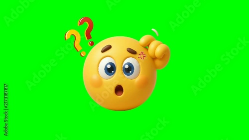 Confused emoji, icon character scratching head, with question marks, on green screen animation 4k.