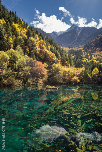 Картината върху платно A serene autumn landscape featuring a clear turquoise mountain lake reflecting colorful forests and snow-dusted peaks under a bright blue sky