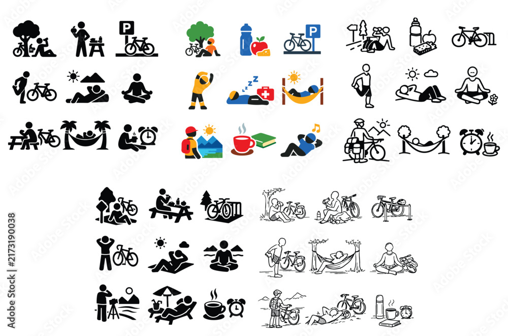 Fototapeta premium Outdoor relaxation and biking concept icons with bicycle, hammock and coffee cup for presentation design in doodle style