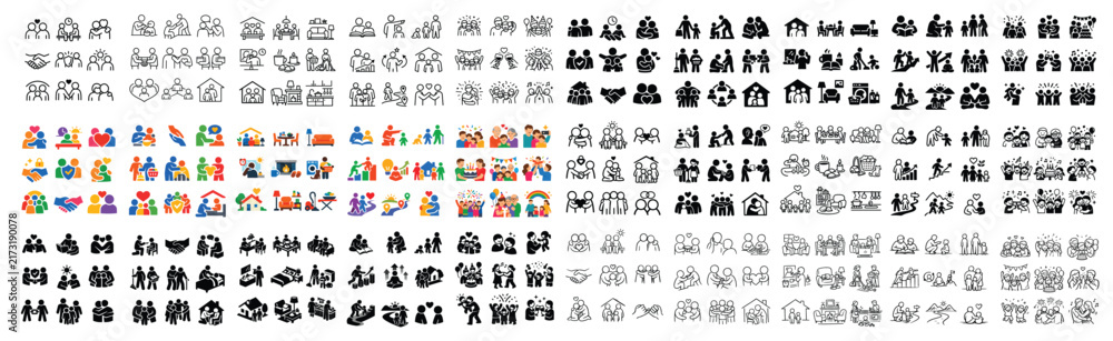 Fototapeta premium Social interaction and teamwork concept icons with people, handshakes and family for infographic design in flat illustration style