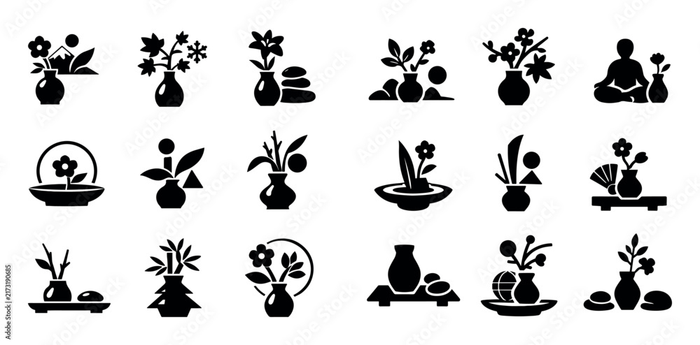 Fototapeta premium Philosophy and mindfulness design icons with nature respect seasonal change and inner calm for dashboard design in solid glyph icons