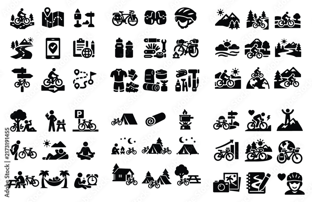 Obraz premium Cycling and outdoor adventure design icons with bicycle, helmet and tent for mobile app design in solid style
