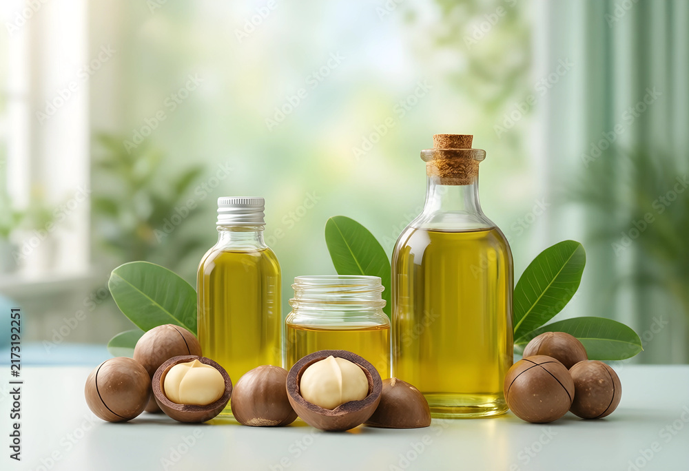 Obraz premium Macadamia nut oil for skincare and healthy nutrition, organic cosmetic essence and natural food ingredient in glass bottles with fresh nuts on table