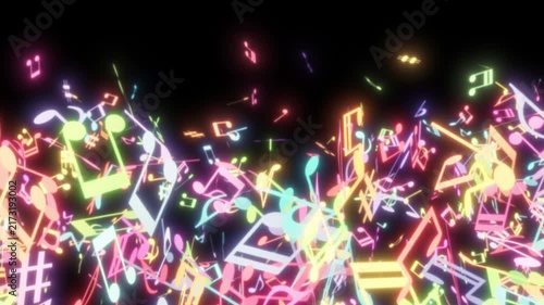 たくさんのカラフルな音符や音楽記号が画面を横切り飛んでいく透過トランジションワイプ