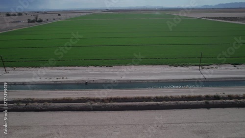 Aerial of an irrigation canal supplying water to farms in the desert