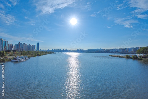 Morning sun over the Han River in Seoul, South Korea