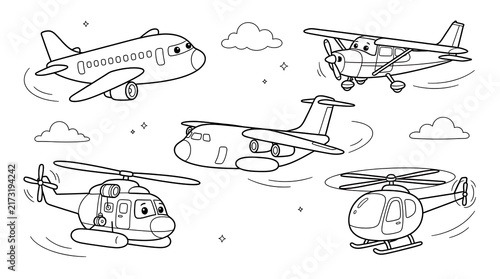 A collection of hand drawn sketches featuring various airplanes and helicopters isolated on a white background for coloring book pages or design