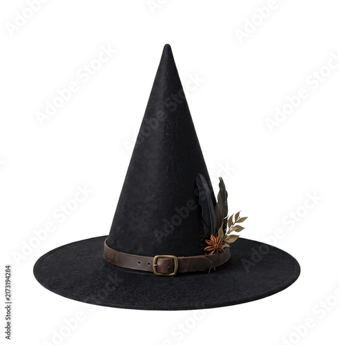 Fotografie Black witch hat with leather band and decorative feathers isolated on transparen