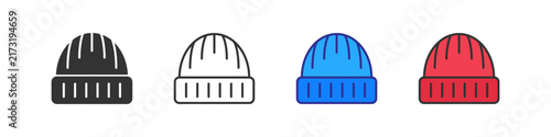 Simple knitted beanie icon, ribbed woolen hat, streetwear and cold weather headwear symbol. Line, black flat, blue and red colored vector