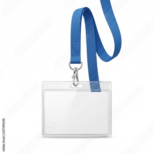 Blank plastic ID badge with blue lanyard, clear name tag holder with neck strap, professional identification card mockup on white