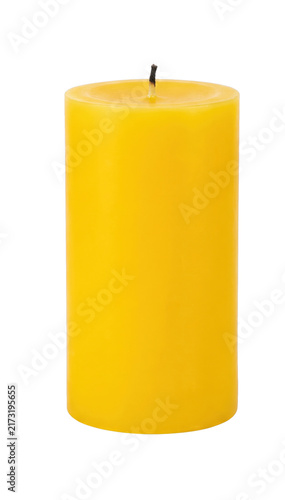 Canvas Print Simple yellow pillar candle with a burnt wick isolated on a white background