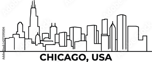 Chicago USA Outline Skyline with Famous Skyscrapers and Modern Urban Architecture