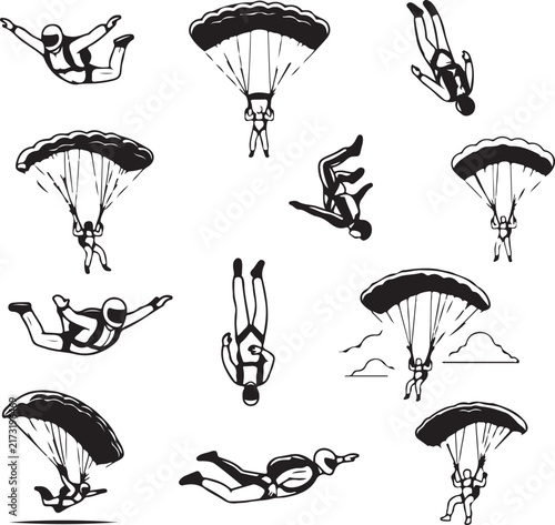 Canvastavla Set of black and white line showing skydivers in freefall and parachutists with