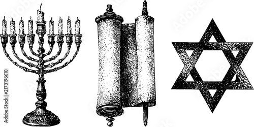 Vintage black and white menorah torah and star of david set of illustrations for hanukkah holiday design and ornamental background print