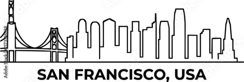 San Francisco USA Outline Skyline with Golden Gate Bridge and Iconic Downtown Architecture