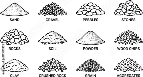 Detailed collection of construction material heaps displayed as a monochrome vector graphic on transparent background