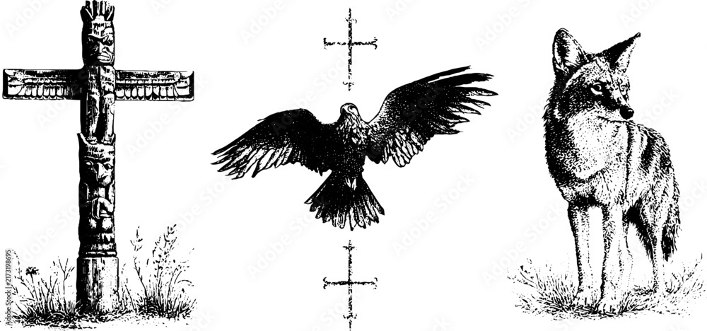 Naklejka premium Black and white totem cross raven and coyote isolated vintage engraving drawings for background and poster design