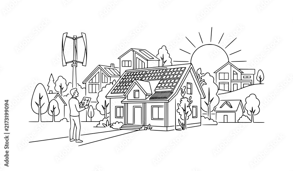 Fototapeta premium Eco Friendly Neighborhood Solar Panels Wind Turbine Clean Energy Line Art