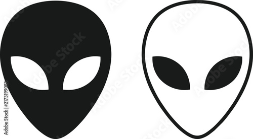 Stylized alien head icons featuring sharp minimalist design in black and white on transparent background