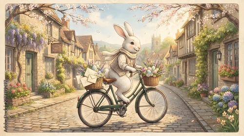 Rabbit riding bicycle through village