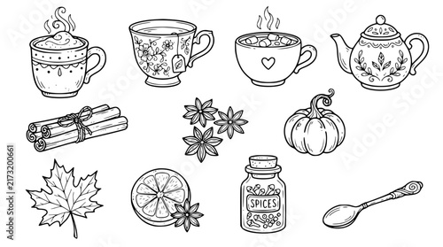 Cozy Fall Beverage Coloring Page with Mugs Teapot Spices and Autumn Ingredients
