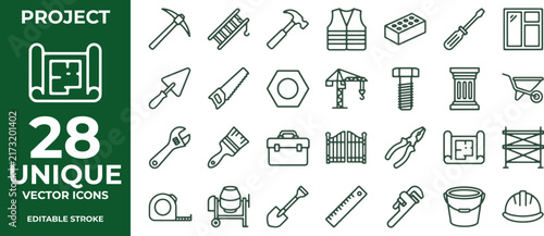 Construction and project tools line vector icons