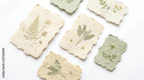 Handmade paper cards with pressed dried leaves and flowers