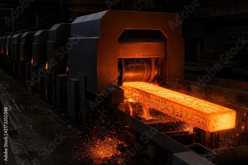 Glowing steel billet running through a rolling mill stand