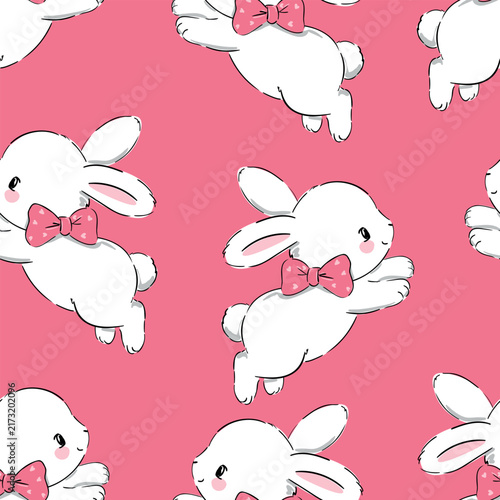 Cute Vector Hand Drawn White Rabbits with Pink Bows Seamless Pattern