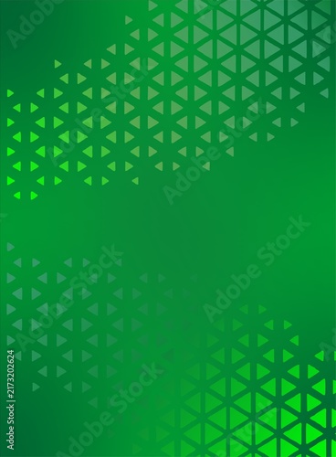A green vertical background with a triangle-based geometric pattern.