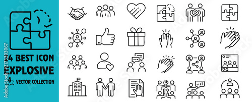A collection of twenty four line icons depicting various concepts including handshakes and puzzle pieces handshake heart gift thumbup people connection agreement collaboration partnership teamwork