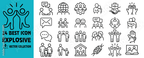 Collection of line icons depicting people communication and global connections on a white background network teamwork collaboration community dialogue conversation message envelope handshake celebrati